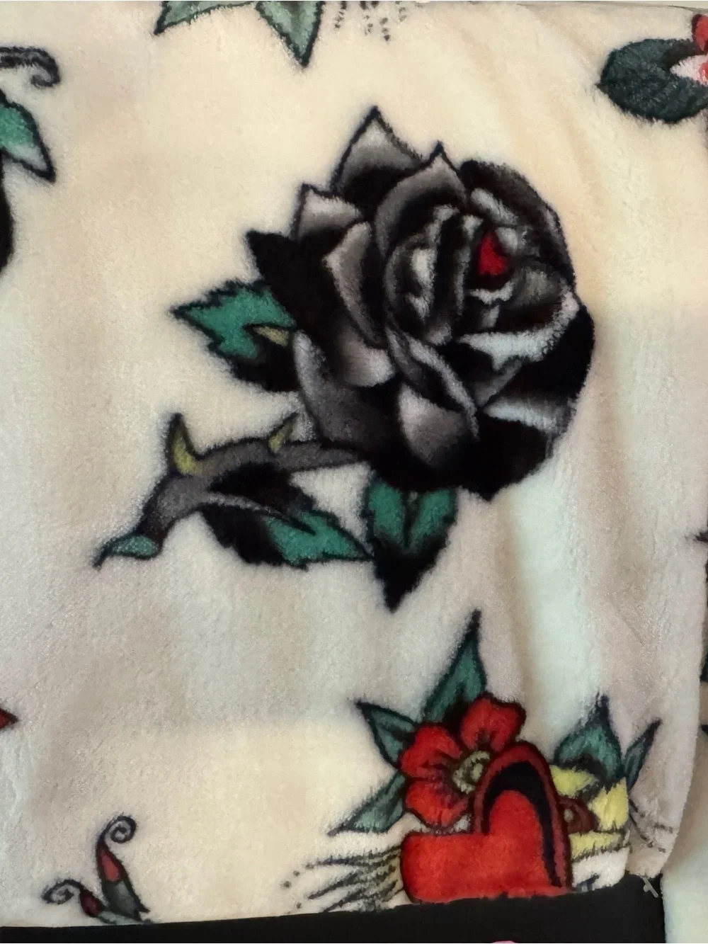 Ed Hardy White Floral and Skull Printed Plush Oversized Throw